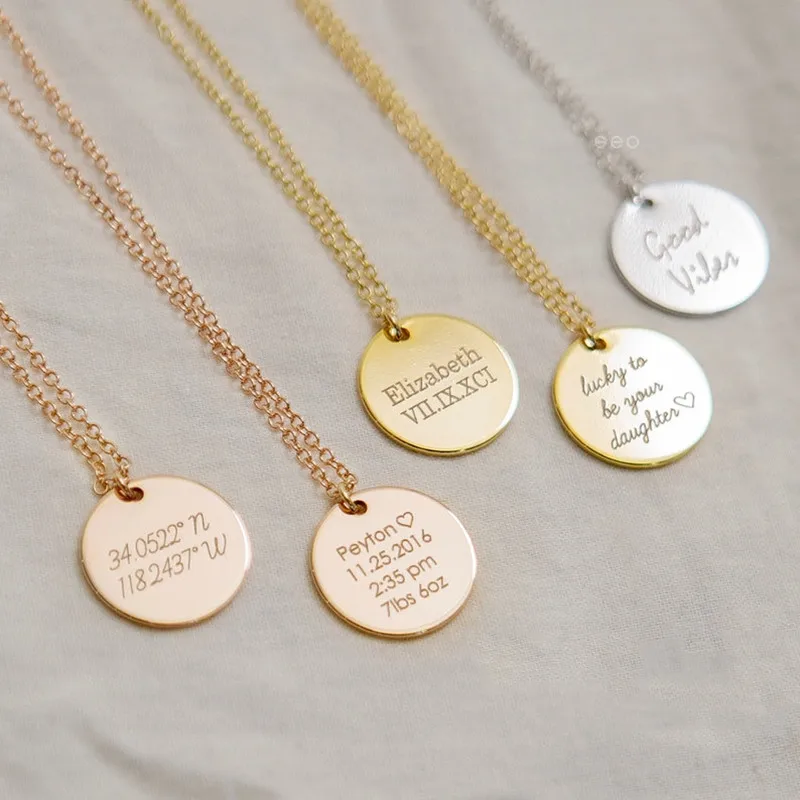 Custom Engraved Name Necklace Date Stainless Steel Round Disc Coin Pendant Personalized Text Chain Choker For Women Girlfriend