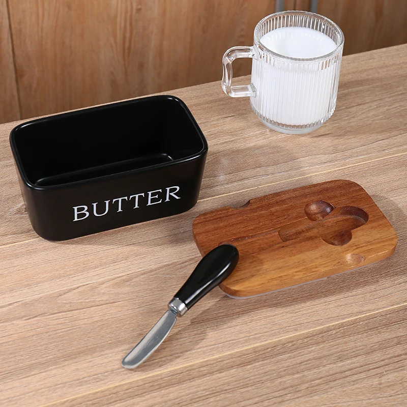 Black Butter Dish with Lid and Knife for Countertop Airtight Ceramic Butter Retainer with Acacia Wood Cover for Counter or Refrigerator Black Trim & Accessories