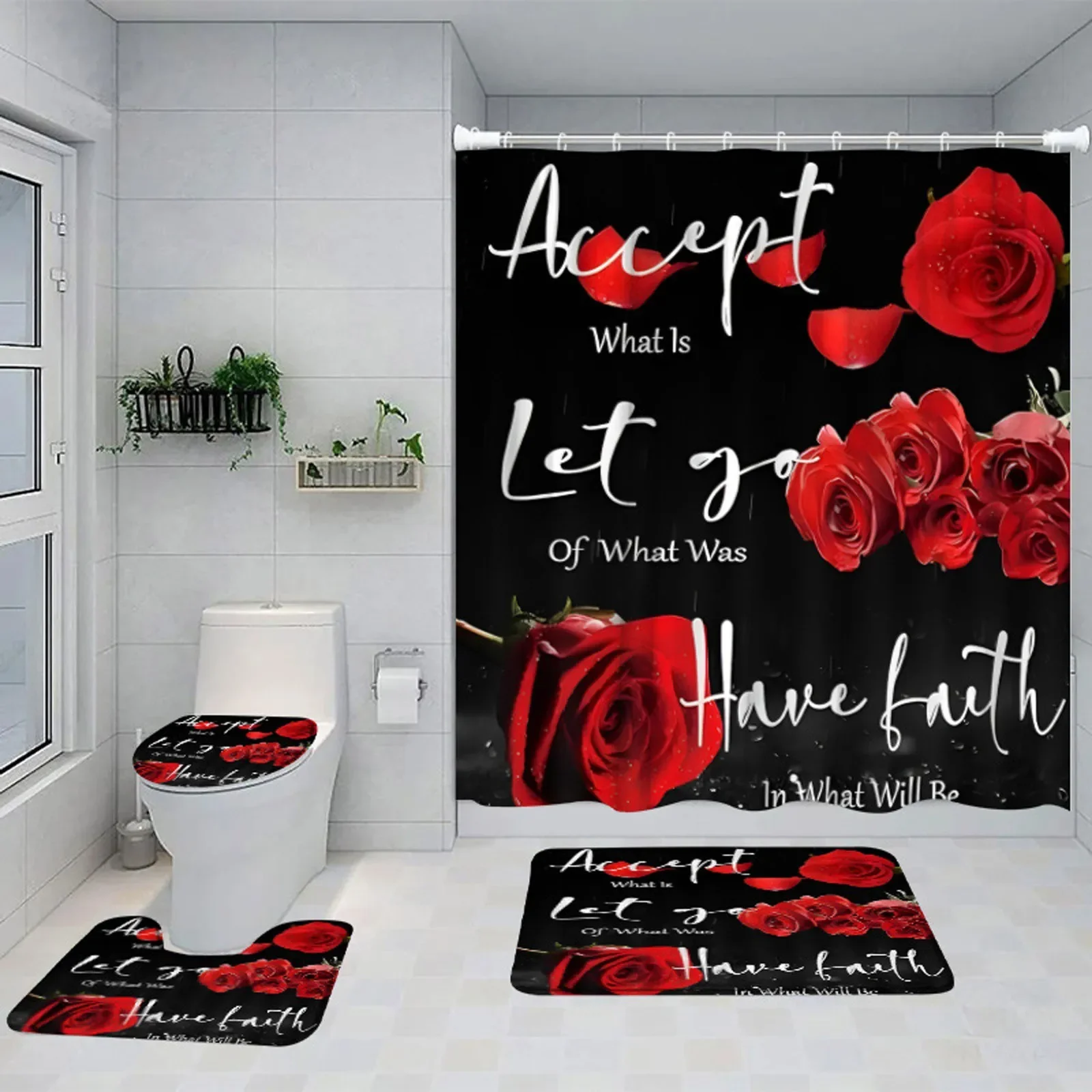 Four Piece Set Valentine's Day Printed Shower Curtain Carpet Floor Mat Combination Bathroom Toilet Cushion Bathroom accessories 3