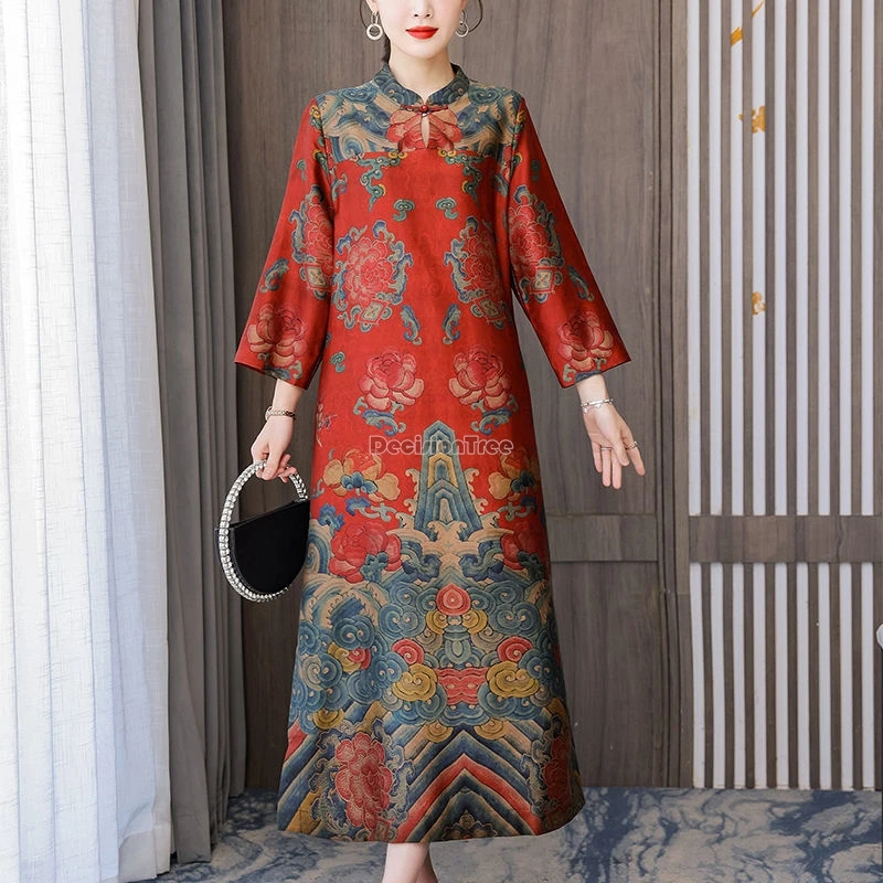 

Женское платье-Ципао с принтом, Длинное свободное платье в китайском улучшенном стиле с воротником-стойкой, модель w197 на весну, 2024