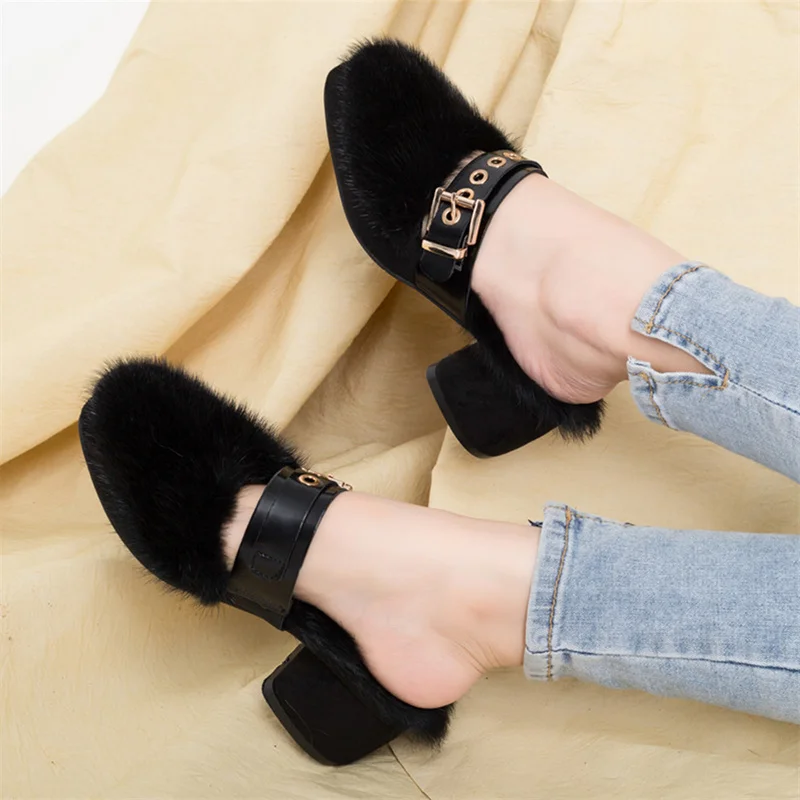 Fur Slippers Thick Sole Thick Heel Mink Fur Non-Slip Slippers Flip-Flops Women's Sandals Women's Fashion Soft Sole Lndoor Slides