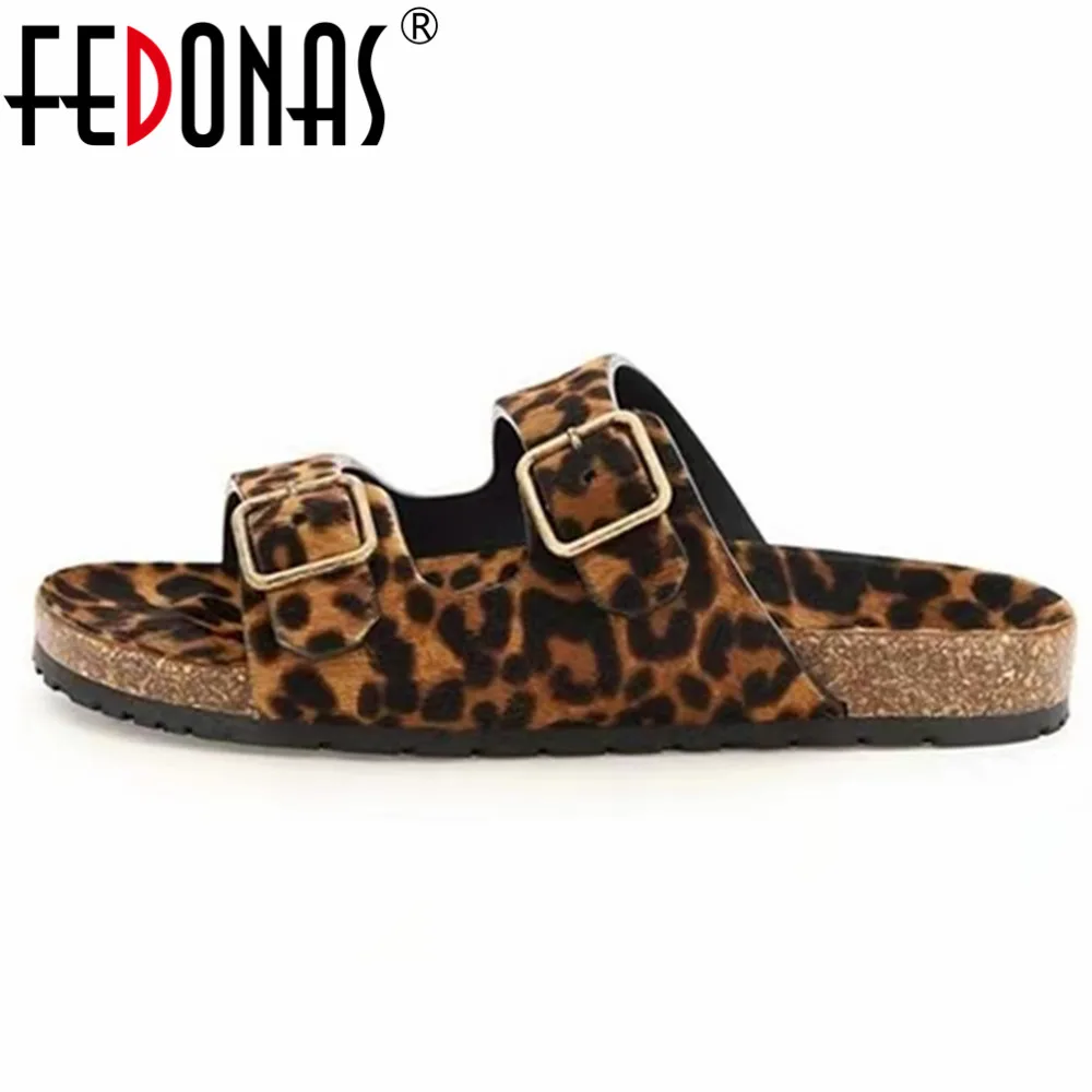 FEDONAS New Ins Horsehair Leather Sandals Buckles Leopard Flats Platforms Summer Shoes Woman Comfort New Casual Shoes Slippers
