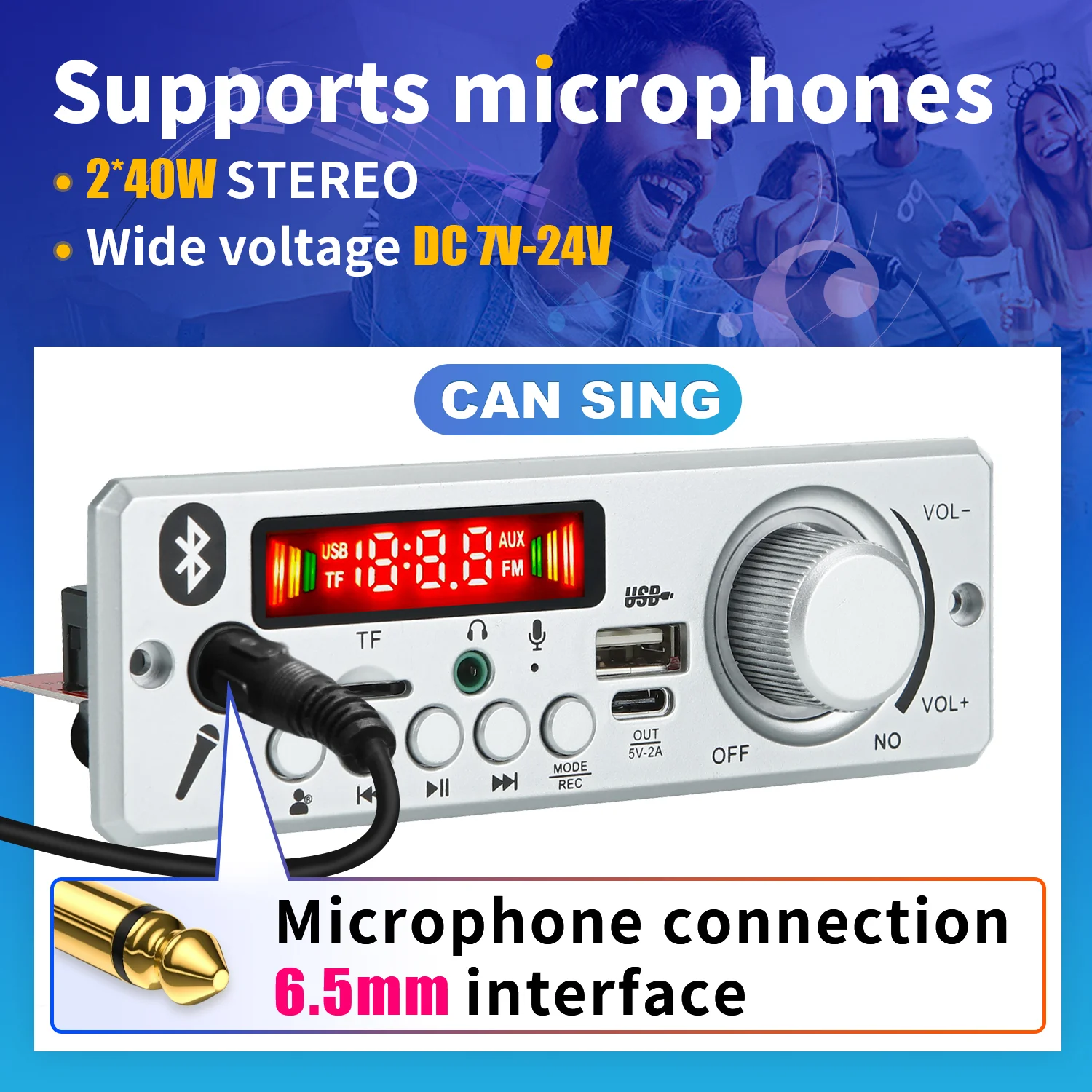 블루투스 디코더 보드 마이크 FM 라디오 TF USB 자동차 오디오 음악 플레이어 스피커, 볼륨 조절 DIY, 40W 앰프, DC 12V, 6.5mm
