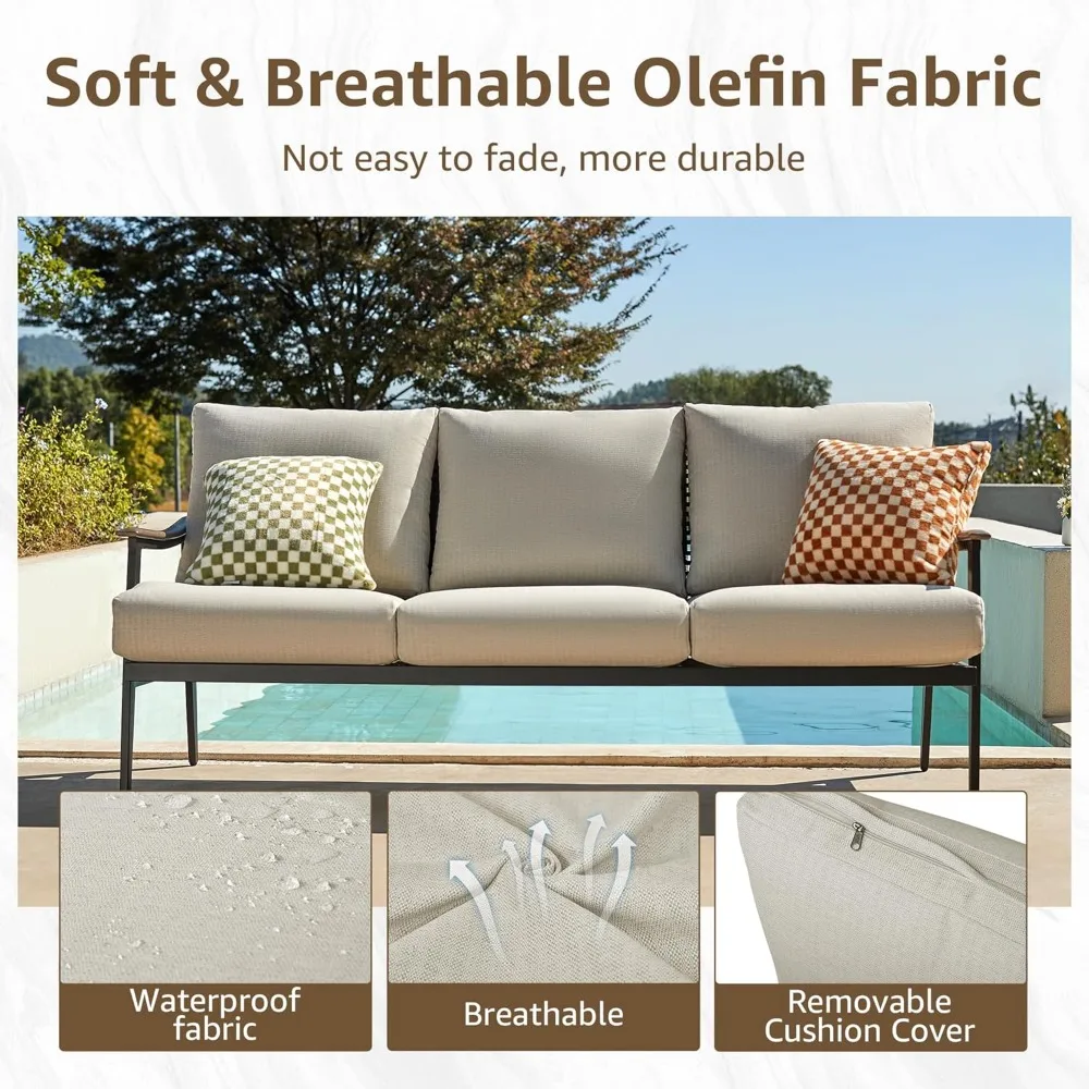 Patio 3 Seats Sofa Outdoor Loveseat,Patio Furniture Metal Outdoor Sofa with Wicker Backrest & 6 Inches Cushion,Outdoor Furniture 3