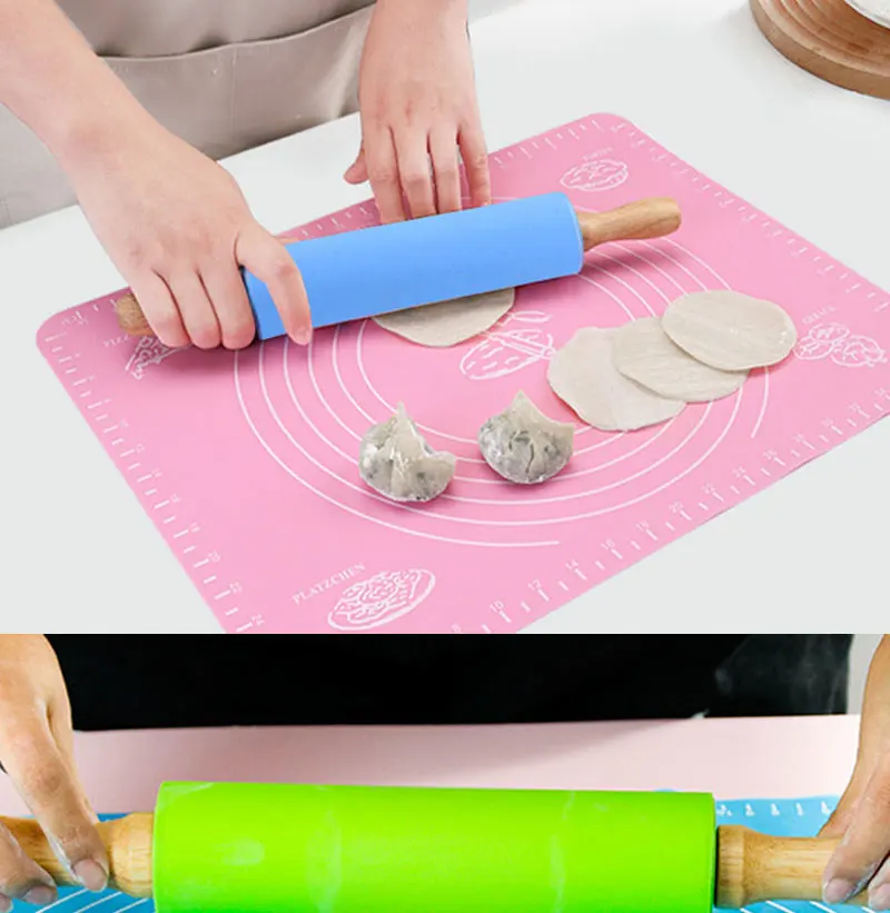 Antihaft-Silikon-Nudelholz für die Küche, Holzgriffe zum Backen, Griff, Nudelholz, Knödel, Hautpressen, Mehlstift, Backwerkzeug – Detail 6