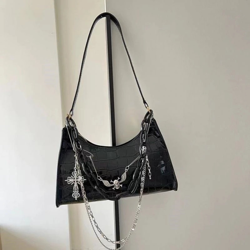 Bolsa transversal com estampa de crocodilo, alça de ombro com estampa de caveira, estilo garota moderna, corrente, subcultura dark punk, bolsa para usar debaixo do braço._voghion.com