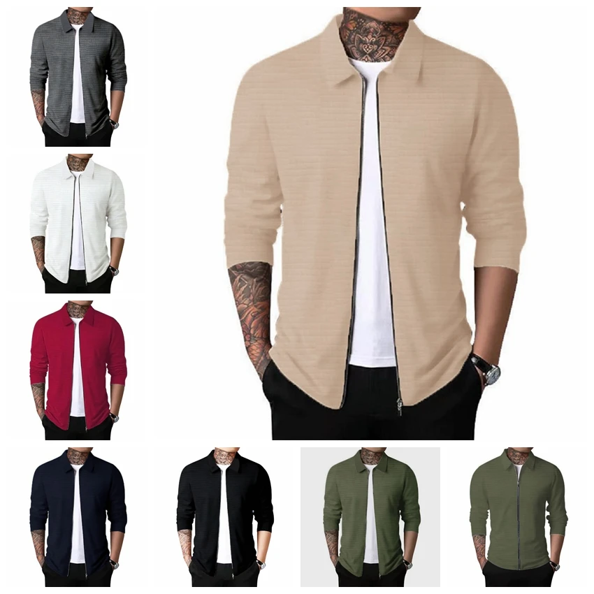 Men's New Fall Plaid Jacket Cardigan Zipper Coat Casual Men Long Sleeved Lapel Sweatshirt Waffle Jacket S-XXXL