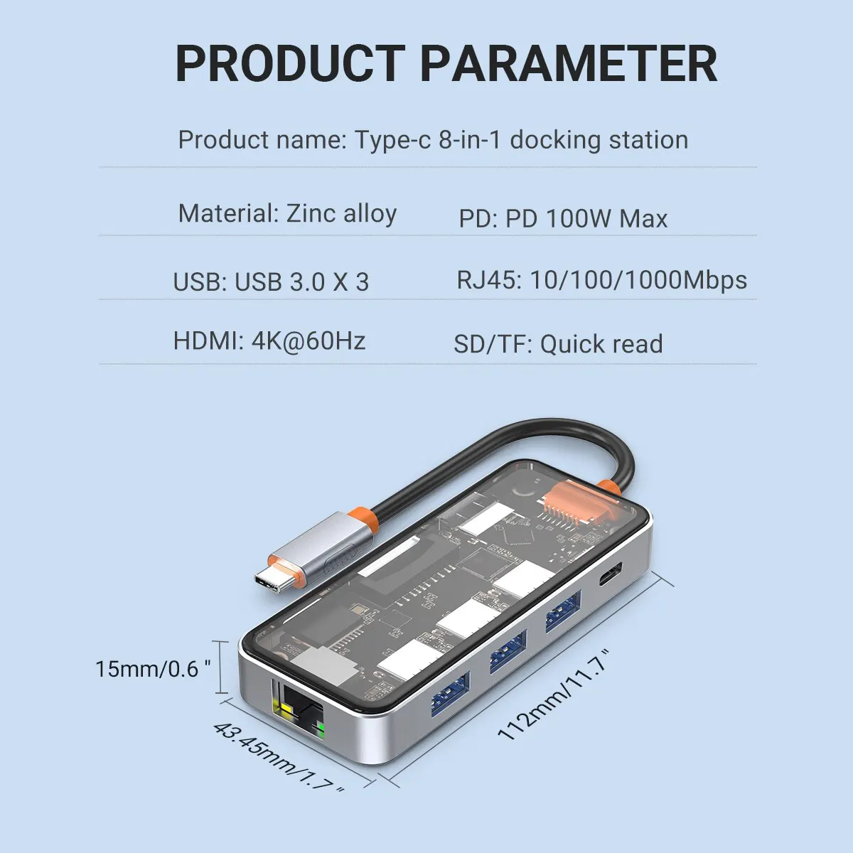 Type C Docking Station 8-in-1 USB C Hub with 4K HDMI 100W PD etc. for Phone Laptops