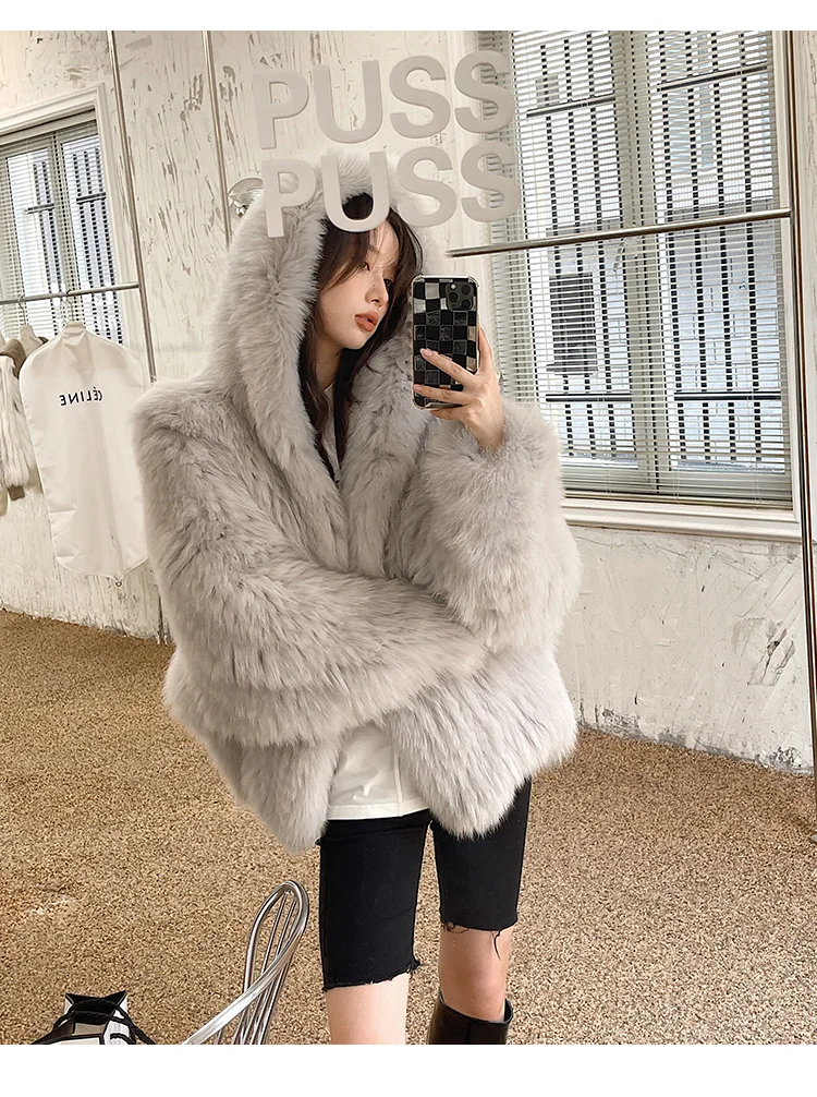 Winter Faux Fur Coat Women Hooded Loose Long Sleeve Outerwear High Street Luxury Fur Jacket Female Fashion Overcoats New
