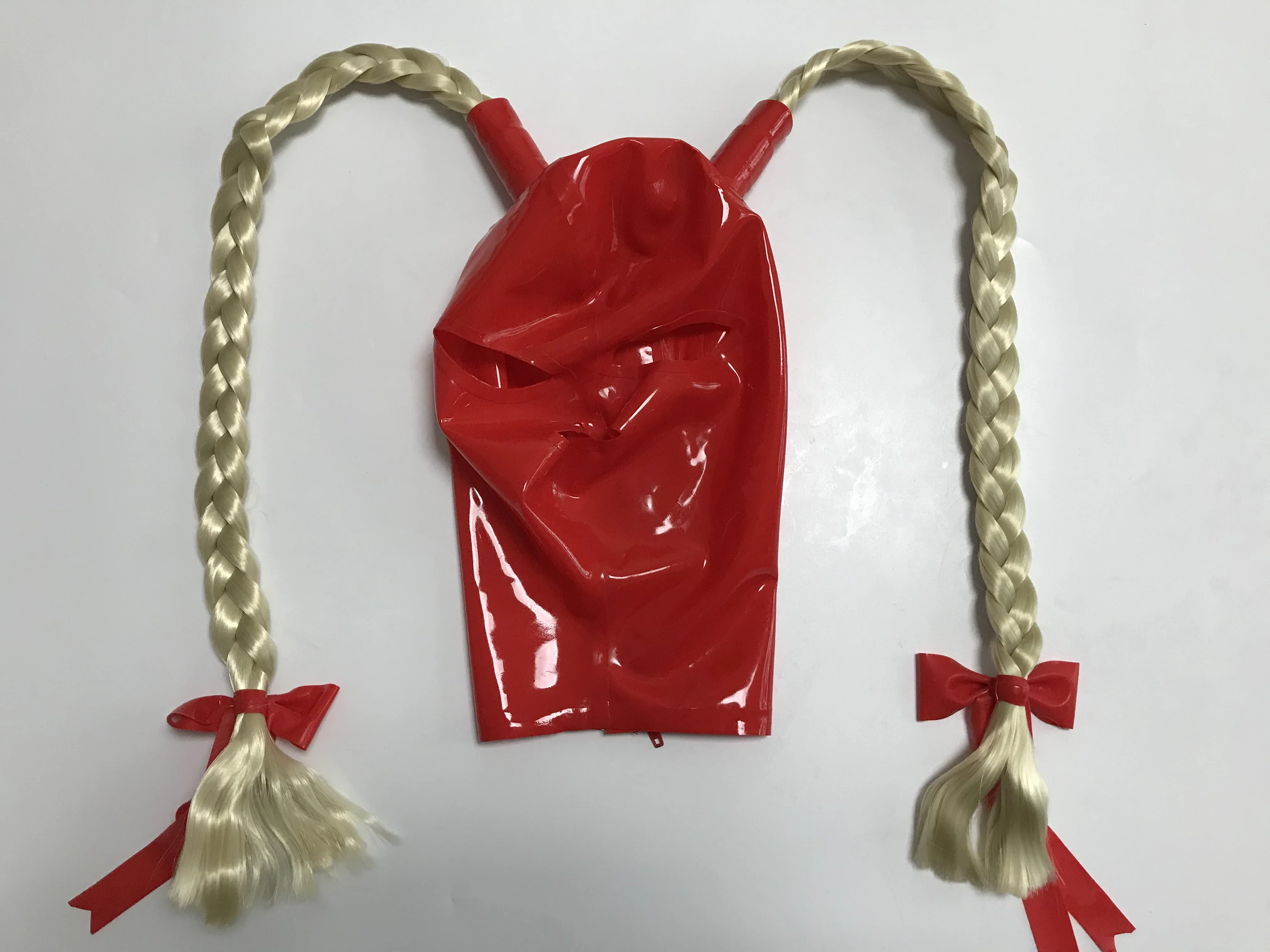 Metallic Latex Fetish Hood Mask with Two Braids
