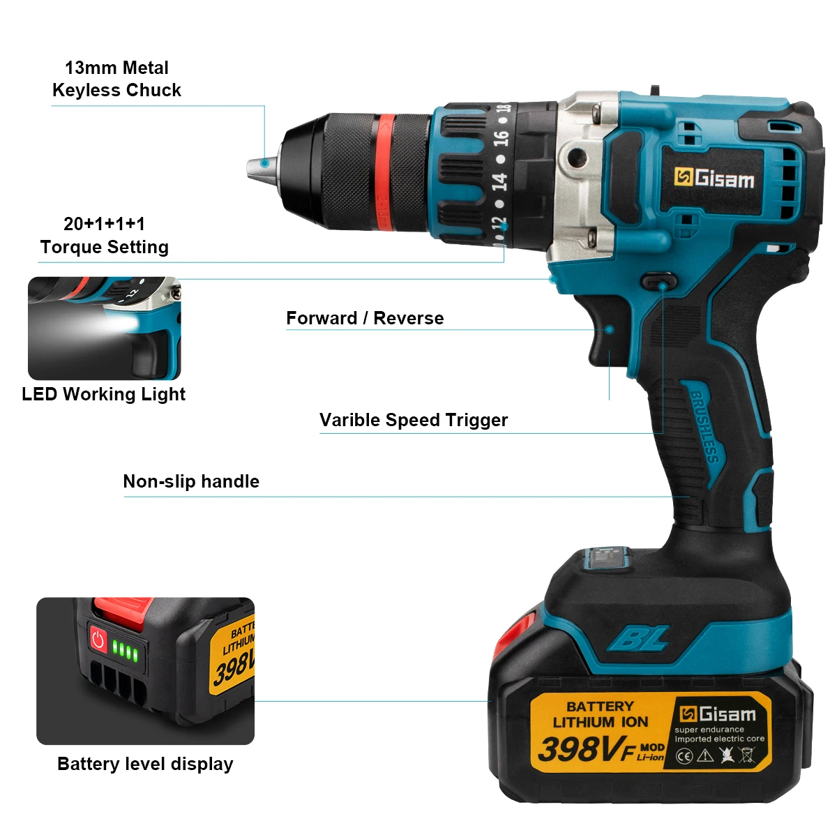 18V 13mm 480N.M Brushless Electric Impact Drill Cordless Drill Electric Screwdriver DIY Driver Power Tool for Makita 18V Battery 6