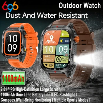 1100mAh Battery Outdoors Smart Watch Men LED Flashlight Message Push Health Monitor Waterproof BT Call Smartwatch Women Compass