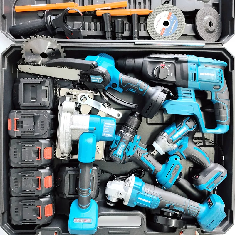 YyhcTool Box[Four-piece Set] Makita Rechargeable Lithium Battery Electric Hammer Angle Grinder Cutting Machine Electric Drill El 4
