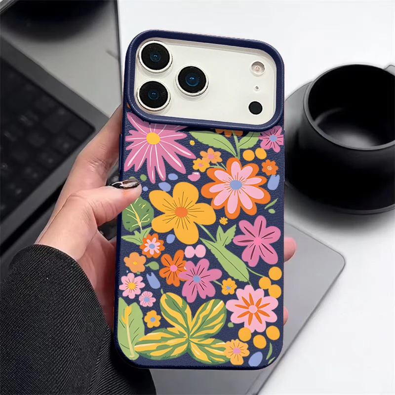 Vibrant Cartoon Flowers Shockproof Leather Texture Silicone Phone Case