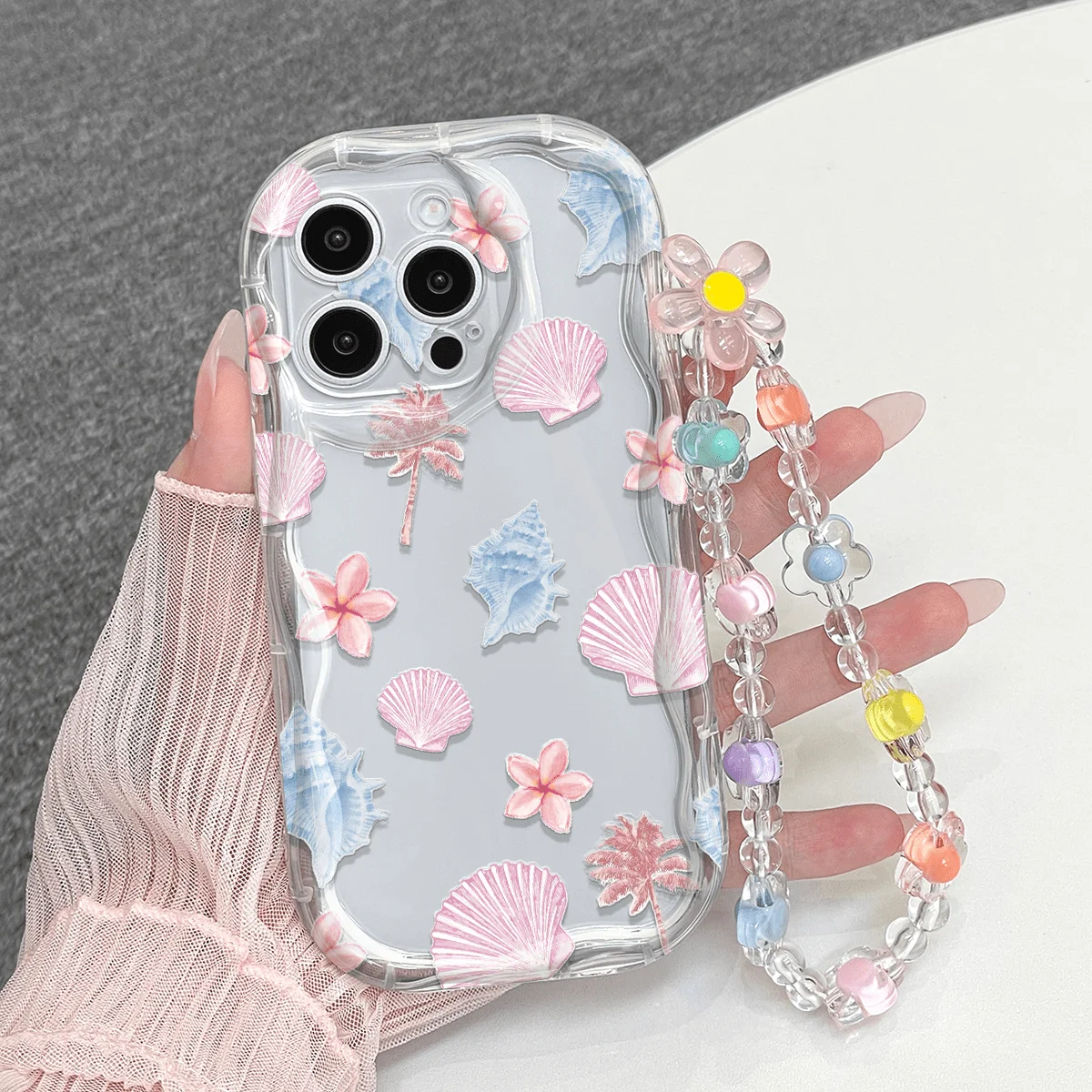 Chic Beaded Shell Flower Phone Case with Ripple Border Cover