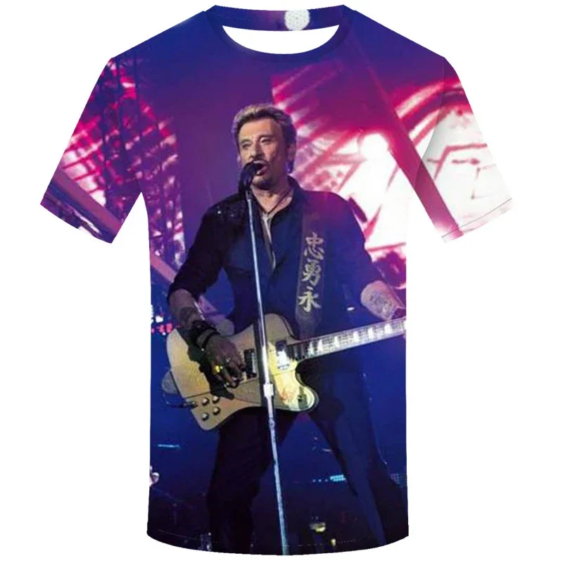 Camiseta de verano para hombre, cantante Johnny Halladay, estampado 3D, cuello redondo, informal, manga corta, talla grande, moda