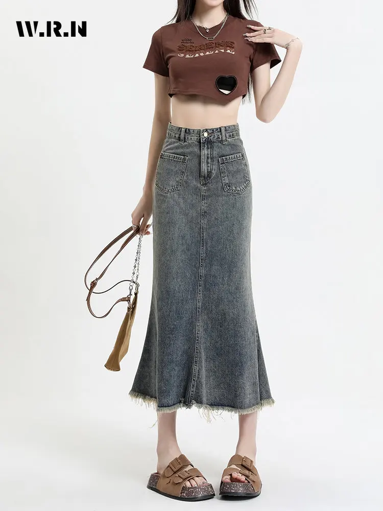 

2023 Summer Women's Vintage Slim Fit Blue Harajuku Denim Skirt High Waist Y2K Street Style Basic Casual A-line Tassels Skirt