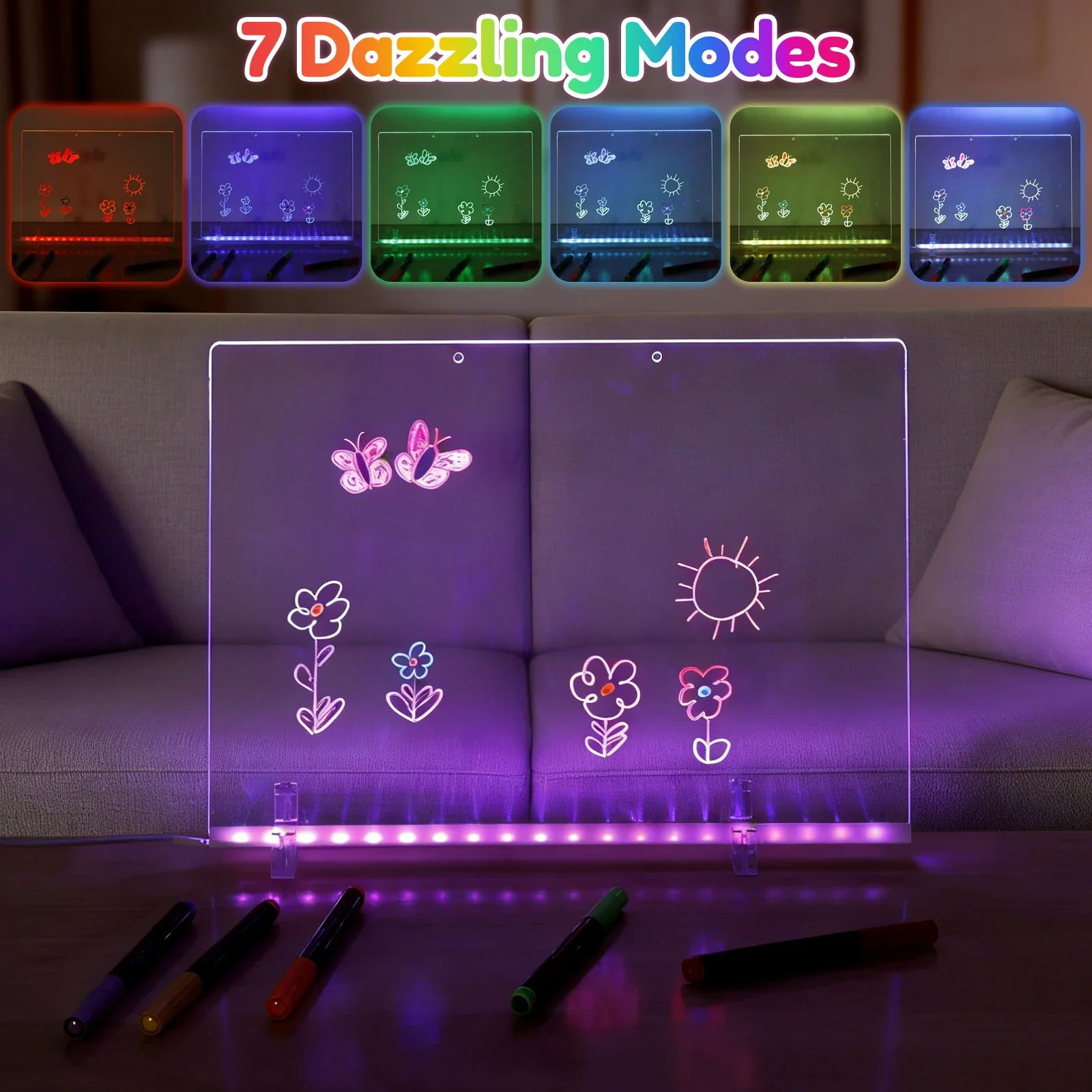 LED 라이트업 드로잉 보드 7색 멀티모드 충전 아크릴 LED 발광 노트 보드 드라이 이레이즈 메시지 드로잉 보드 테이블 장식