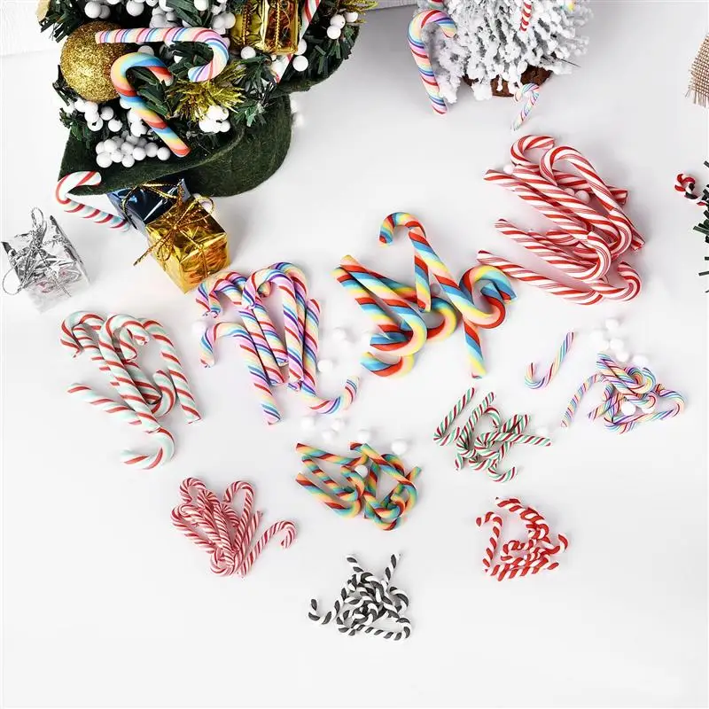 Mini Christmas Walking Stick Cane Soft Pottery Art Ornaments Christmas Tree Decoration Brooches Tiaras Accessories 15/30pcs