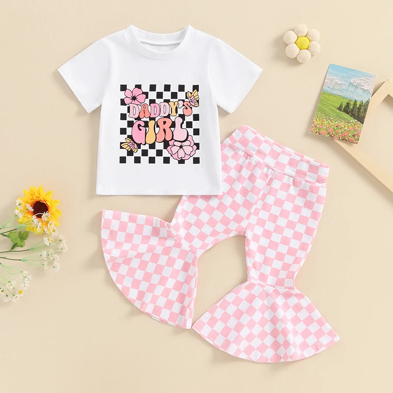 

Toddler Baby Girl Summer Outfits Letter Print Short Sleeve T-Shirt and Elastic Checkerboard Print Flare Pants Clothes