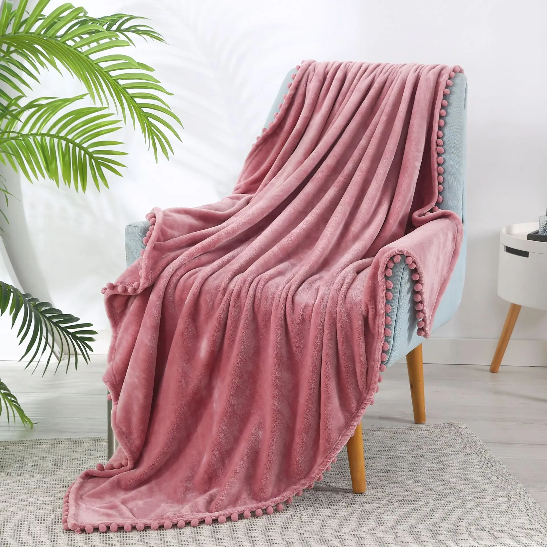 Soft Flannel Pink Blankets Tassel Ball Pure Color Blanket Sofa Cover Home Decoration Gift Air Throw 230x230CM | Дом и сад