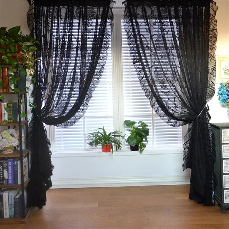 Romântico Vintage Preto Floral Ruffle Lace Sheer Tulle Cortinas, Quarto, Sala de estar, Bay Window, Mesh Voile, cortinas bordadas