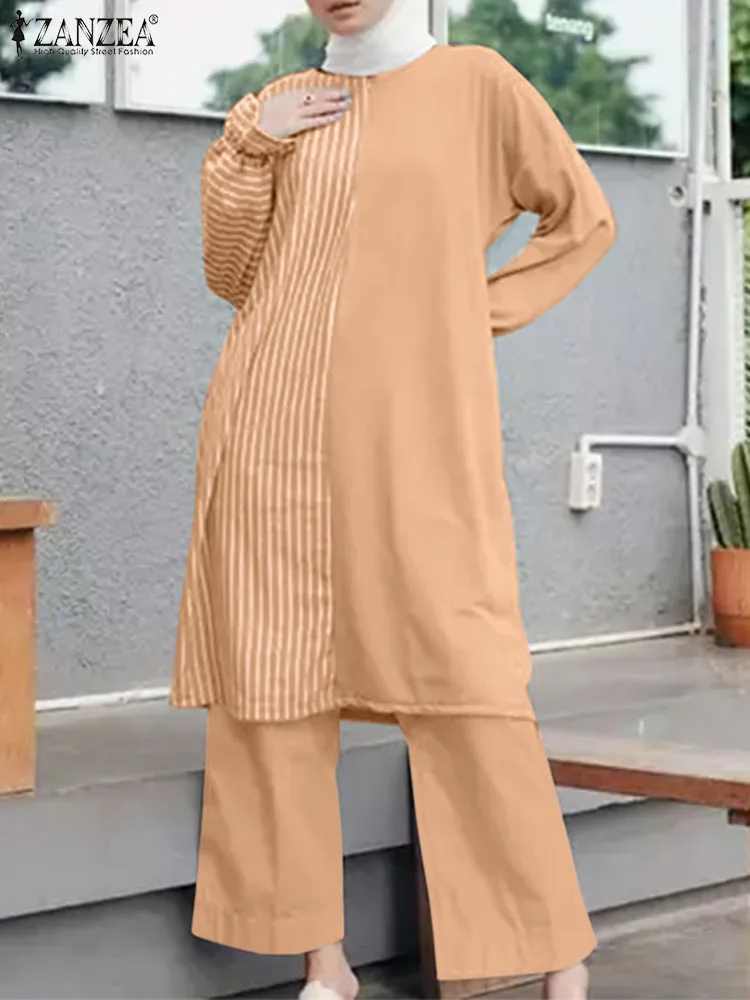

2023 ZANZEA Fashion Long Sleeve Patchwork Blouse Pant Sets Casual Dubai Turkey Muslim Sets Women Striped Trousers Suits 2PCS