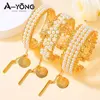 Nigeria Bridal Wedding Pearls Bangles 21k Gold Plated Dubai Fashion Elegant Bracelet Arabic Women Mother's Day Party Jewelry