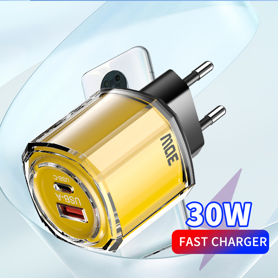 30W 2Ports USB+PD Charger Type C USB QC3.0 Fast Charging Adapter for iPhone 16 Samsung Mobile Phone EU/US/UK Plug Wall Charger