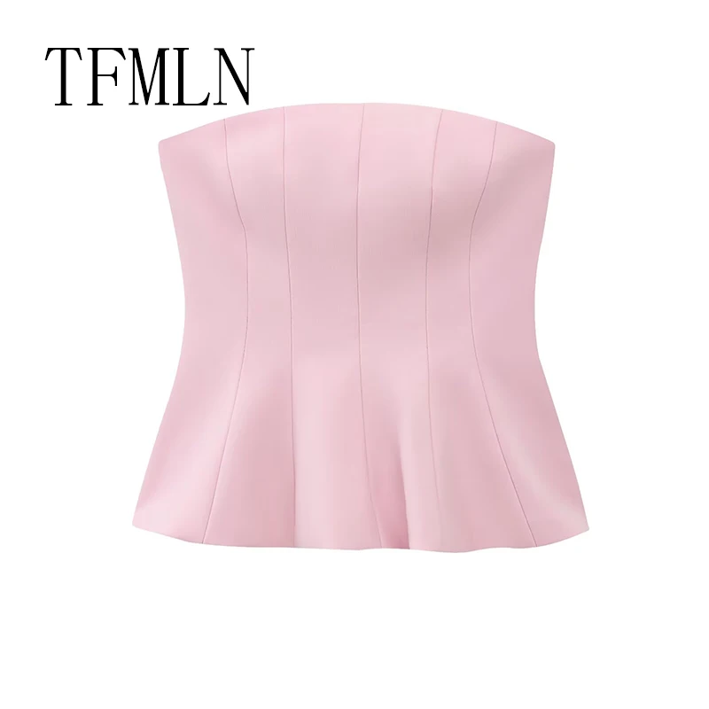 TFMLN New Summer Women Strapless Top 2025 Female Casual Sexy Slim Fitting Side Zipper Solid Short Top