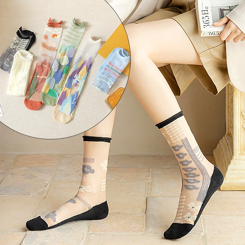 

Woman Summer Crimping Socks Ultra-Thin Clear Breathable Cotton Bottom Crystal Silk Mid-Tube Sock Asymmetry Printed Harajuku Sock