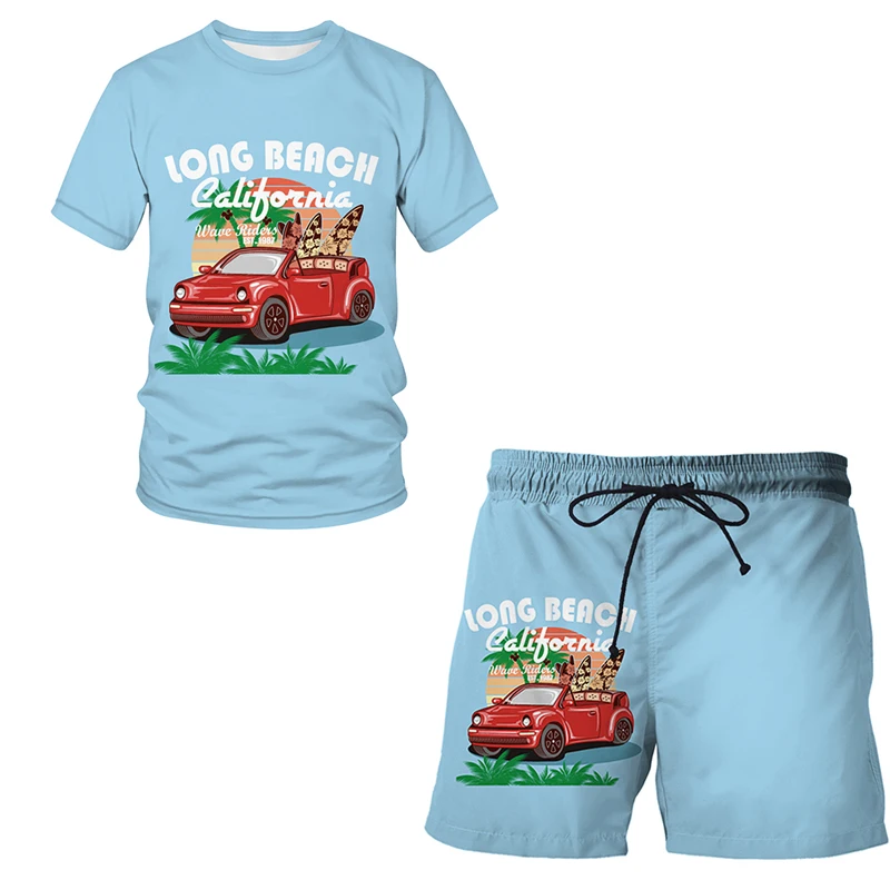 

3D Printing Men's Cartoon car pattern T-shirt Shorts Suit Men's Sportswear O-neck Short-Sleeved Men's Suit T-shirt 2-piece set