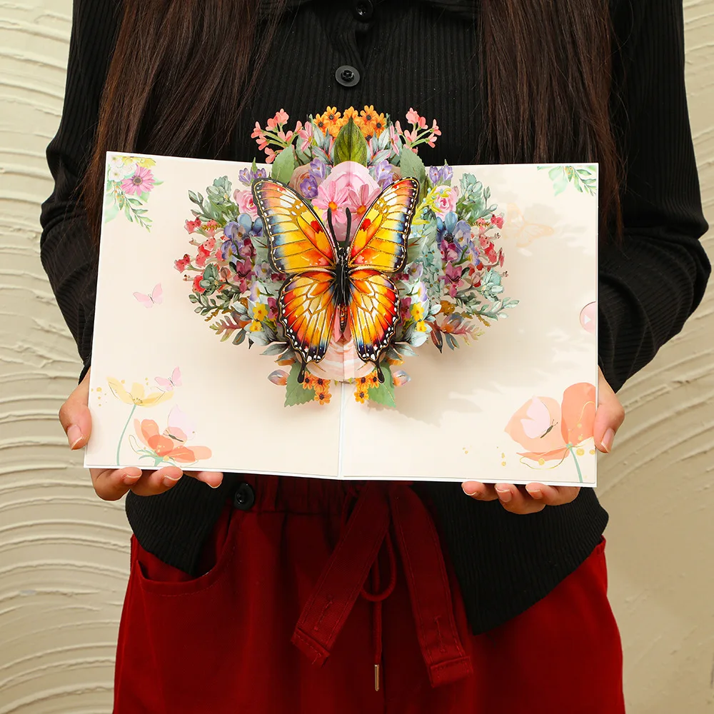 Ins Style 3D Large Butterfly Flower Folded Greeting Card Handmade Foldable Ornament Holiday Romantic Gift Christmas Wedding Card