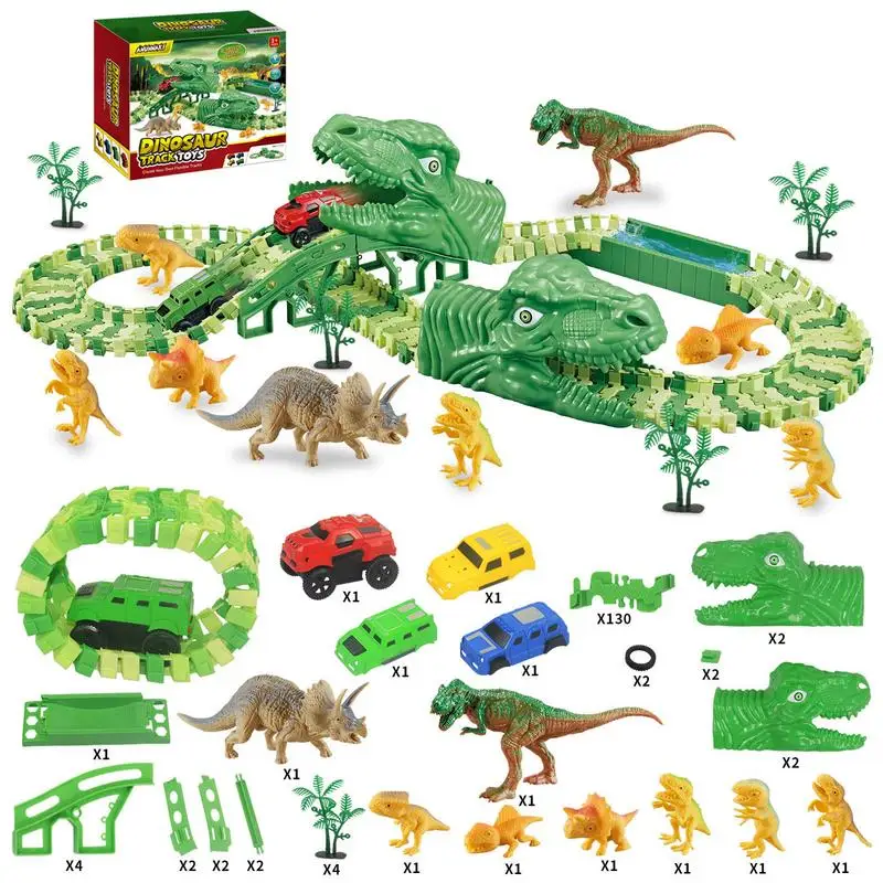Racing Car Track Toy Set Indoor Play Dinosaur Figurine Track Construction Vehicle Track Tosy Electric Race Cars Playset Track To