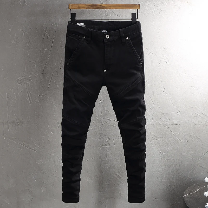 

Уличные модные мужские джинсы, черные Стрейчевые облегающие винтажные повседневные джинсы, Сращенные дизайнерские джинсы в стиле хип-хоп, байкерские брюки