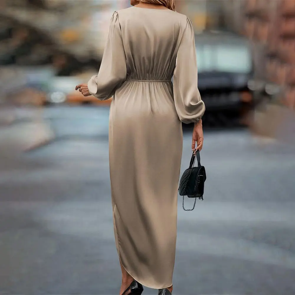 SEMATOMALA Women's Satin Puffy Long Sleeve Slit Elegant Party Long Dress Corset Cinch Empire Waist Vintage Ruched Evening Gown BW-XS Beige