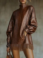 Imitation Crocodile Leather PU Mini Dress Turtleneck Long Sleeve Tassel Hem Retro Casual Loose Straight Dress for Women Autumn