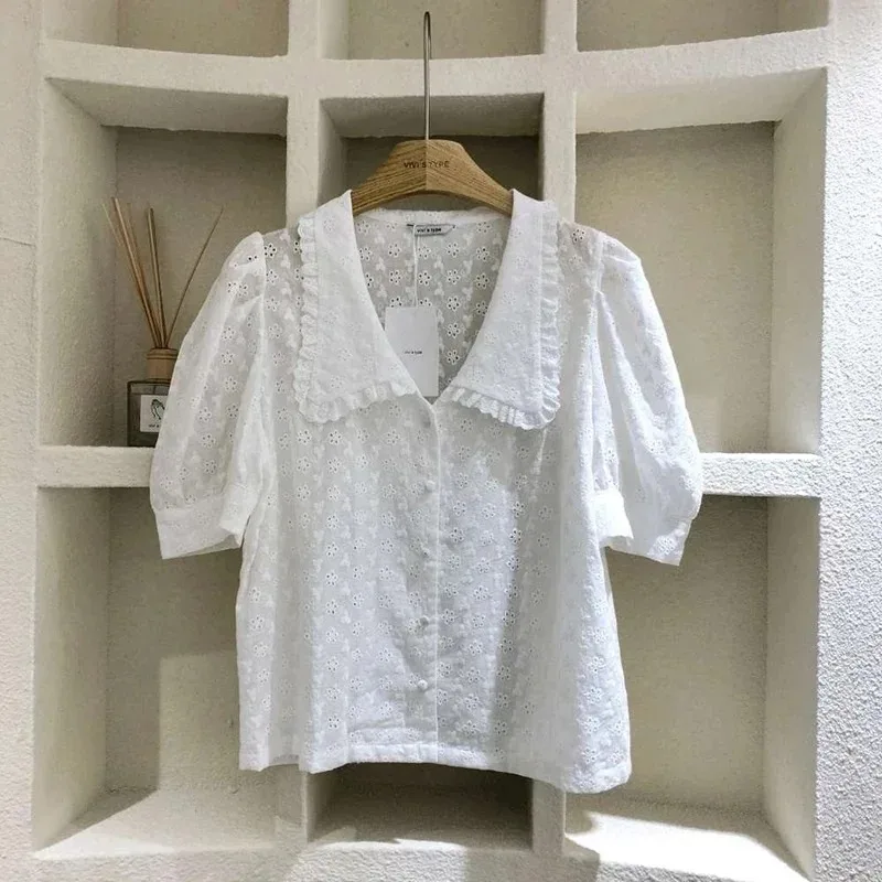 White Lace Blouse for Women Sweet Chic Puff Short Sleeve Shirt Hollow Flower Korean Peter Pan Collar Summer Tops 2025 13919