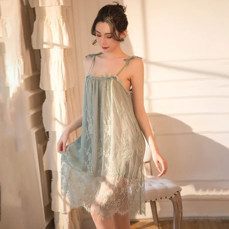 Sexy Sleepwear For Women Home Clothes Sling Lace Nightdress Nightwear Comfortable Lingerie Sleeveless Pyjama Female Summer Dress princess nightdress summer home clothes set