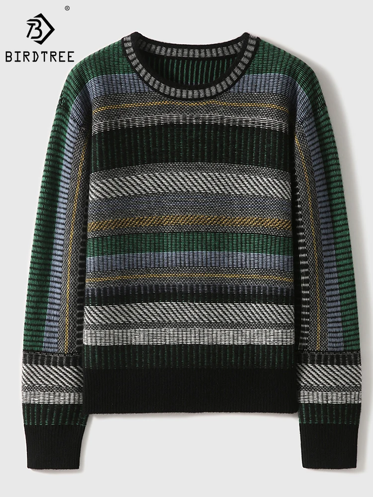 

Birdtree 90% Sheep Wool 10% Cashmere Pullover Round Neck Stripe Vintage Languid Comfortable Commute Sweater Fall Wimter T3N248QD