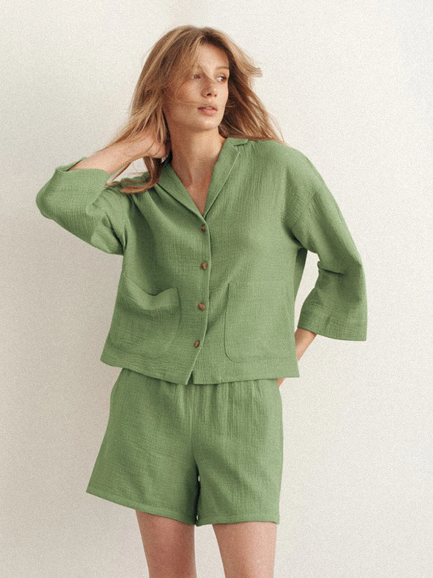 Marthaqiqi Cotton Women'S Nightwear Suit Long Sleeve Nightgowns Sexy Turn-Down Collar Shorts Casual Ladies Sleepwear 2 Piece Set