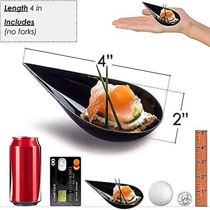 100 Tear Drop Mini Appetizer Plates-Mini Dessert Plates Tasting Spoons Plastic Spoons Dessert Spoon Bowls, Black HOT