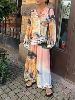 Fashion Printed 2 Piece Set Loose Lapel Buttoned Long Sleeved Shirt Elastic Waist Wide Leg Trousers Suit Spring Commuter Set 1