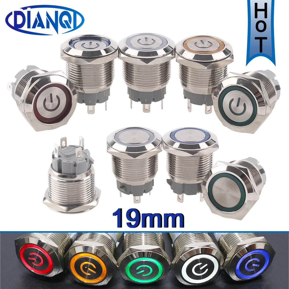 19mm Metall-Druckknopf schalter 4-polige kurze Klemmen Knopf verriegelung verriegelung/Selbst rückstellung 6 v12v24v220v rot grünes LED-Licht für PC