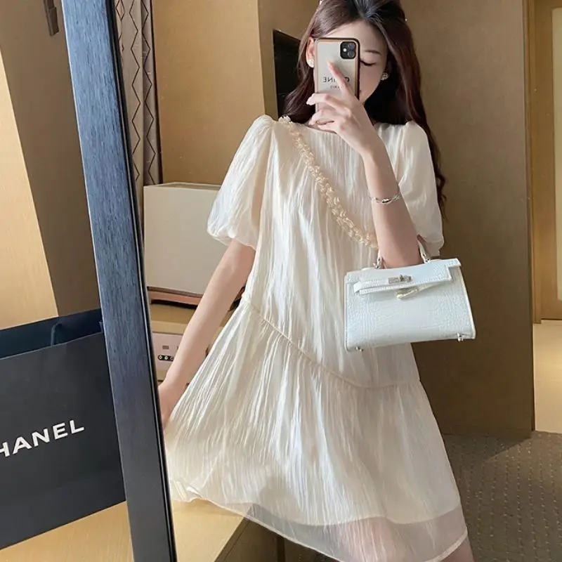 Sweet O-Neck Spliced Ruffles Puff Sleeve Princess Dress Women's Clothing 2024 Summer New Loose Korean Solid Color Mini Dress