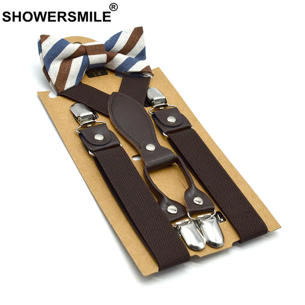 SHOWERSMILE British Style Boys Suspenders with Bow Tie Orange Yellow Kids Suspenders Solid Wedding Braces for Children 65cm*2.5