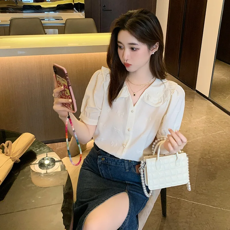 

2022 Summer New Women's Korean fashion Tops Female Elegant Sweet Bow Short Puff Sleeve Solid Blouses