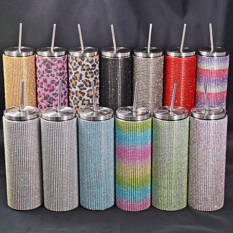 

20OZ/600ML New Diamond Tumblers with Straw 304 Stainless Steel Thermos Bottle Coffee Mug Water Cup Drinkware Gift