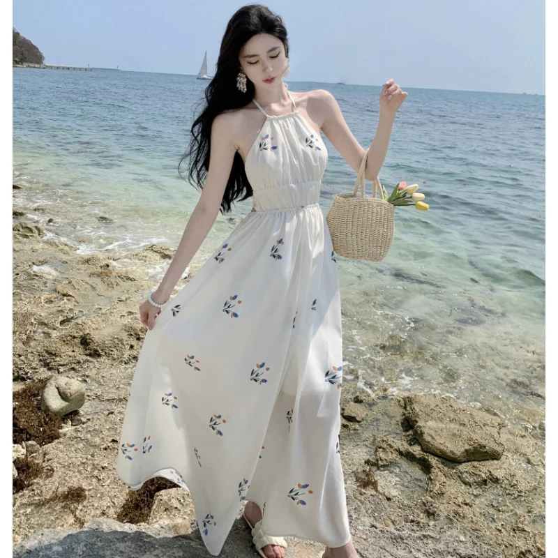 

2023 New Women Backless Halter Beach Dress Summer Sexy Lolita Chic Floral Vacation Female Y2K Swinging Casual Long Sundress