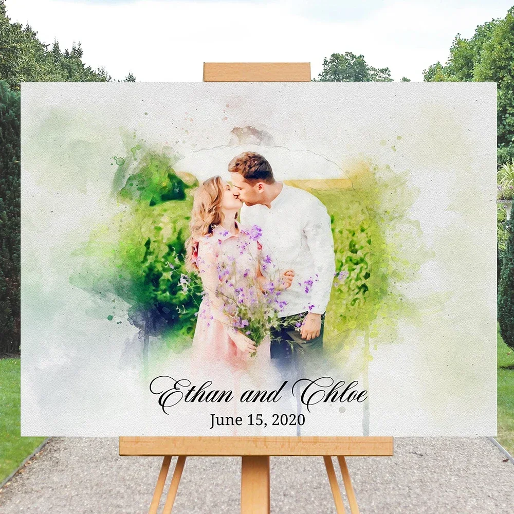 Watercolor Couple Portrait Poster Unique Wedding Welcome Sign Art Print Canvas Painting Wall Picture Welcoming Guests Decor acrylic wall decor acrylic party decor wedding poster